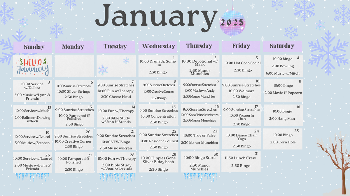 January 2024 Activities Calendar at Azle Manor